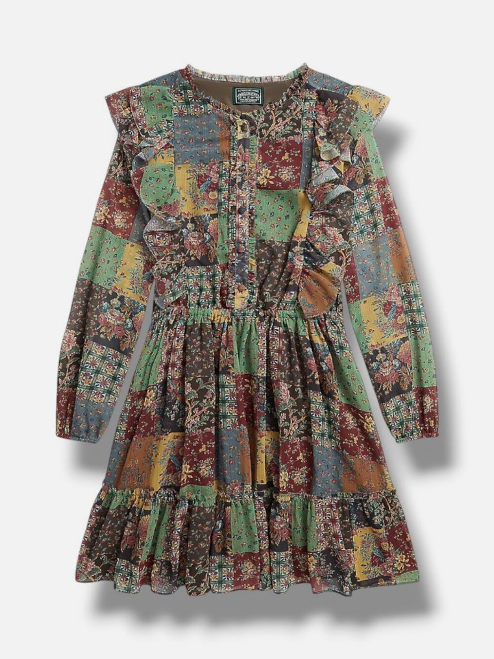 Polo Ralph Lauren Kid's Green Patchwork-Print Chiffon Dress Size 6